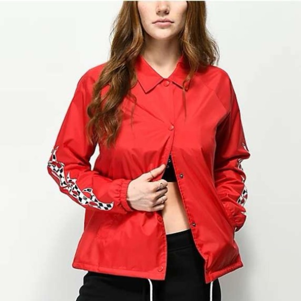 Vans Checkered Red Fire Flames Thanks Coach Windbreaker Bomber Snap Jacket